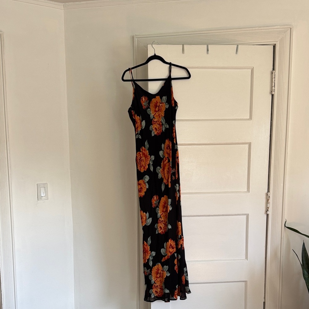 Reformation Black Floral Slip Dress with Orange Roses